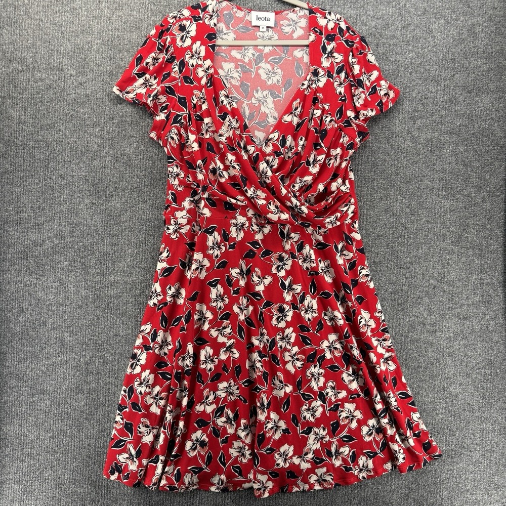 Leota Dress Womens 2X Red Floral Jersey Wrap V-Neck A-Line Resort Coastal Preppy